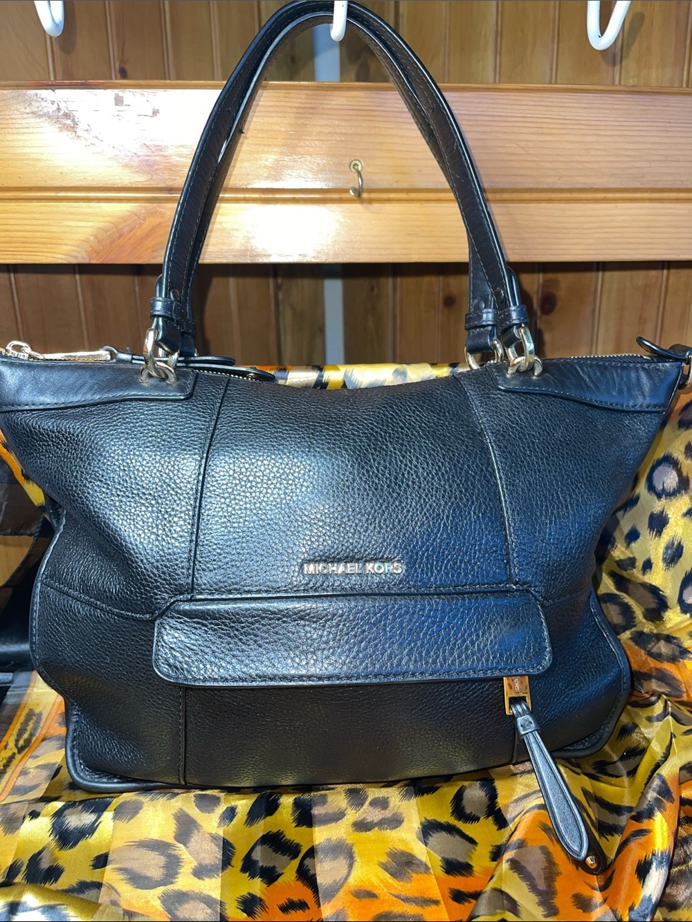 Michael Kors Black Leather Crossbody Tote with Gold Accents